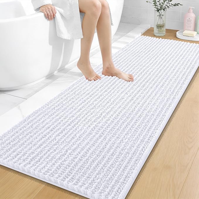 OLANLY Long Bathroom Rugs Runner 59x24, Thick Soft and Absorbent Chenille Bath Mat, Non-Slip, Machine Washable Quick Dry Bath Rugs for Tub Shower Floor, Home Decor Accessories, White