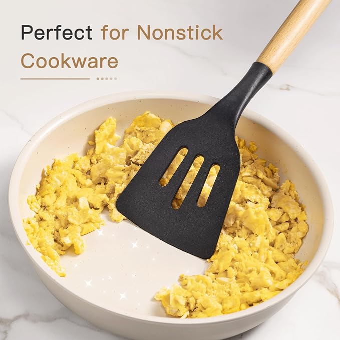 Astercook 39 PCS Kitchen Utensils Set, Silicone Cooking Utensil Sets with Wooden Handle, 446°F Heat Resistant Food Grade Spatula Set, BPA Free Kitchen Gadgets Tools Set & Spoons for Nonstick Cookware