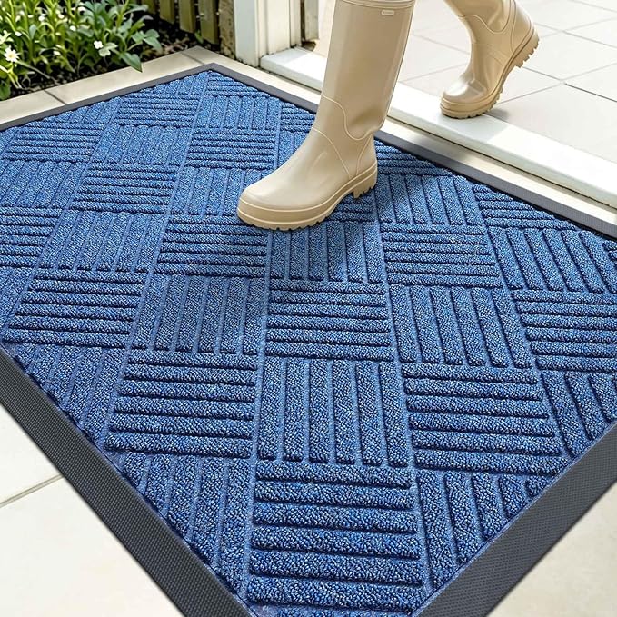 OLANLY Front Door Mat Outside Entrance 35x23, Absorbent, Heavy Duty Sturdy Natural Rubber Doormat Indoor Outdoor, Stain Fade Resistant, Non-Slip Low Profile Floor Mat for Entryway, Ocean Blue Diamond