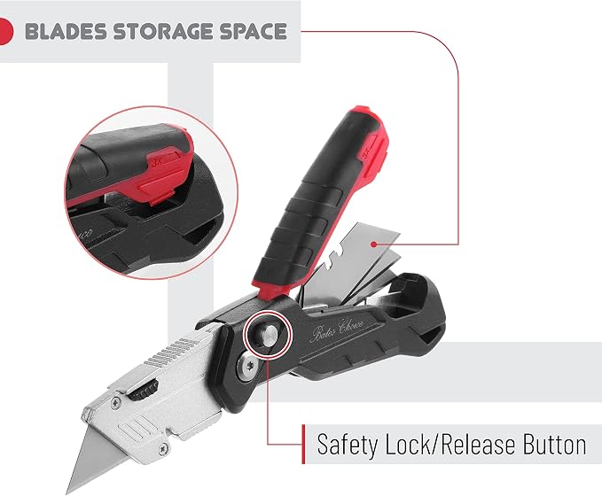 Bates Box Cutter - Folding Utility Knife With 3 Extra Blades, Retractable