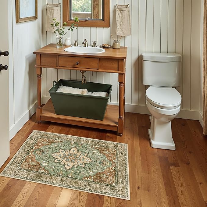 RELEANY Area Rugs Small 2'x4' Washable Non-Slip, Floral Vintage Distress Medallion Carpet for Kitchen Entryway Bathroom, Terracotta Burnt Orange Green