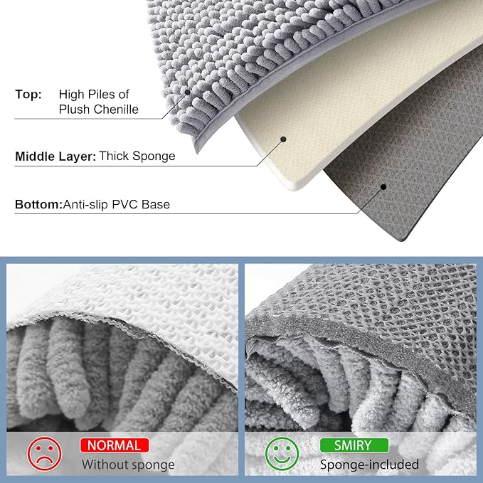 Smiry Luxury Chenille Toilet Rugs U-Shaped 24x20, Soft Absorbent Non-Slip Contour Bathroom Rugs for Toilet, Machine Washable Contoured Bath Mats, Light Grey