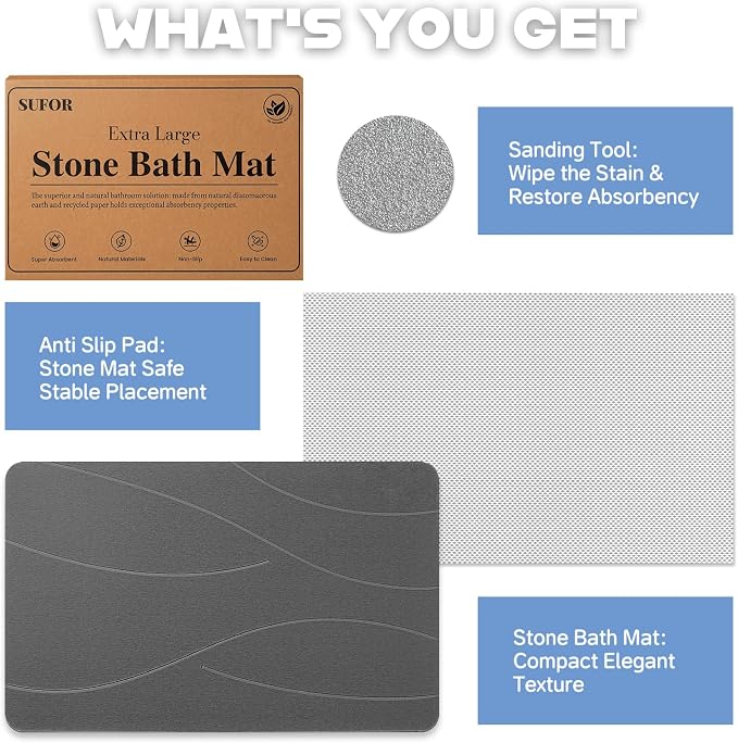 32"x20" Stone Bath Mat 2Pack, Diatomaceous Earth Shower Mat, Non-Slip Super Absorbent Quick Drying Bathroom Floor Mat, Natural, Easy to Clean (Dark Grey)