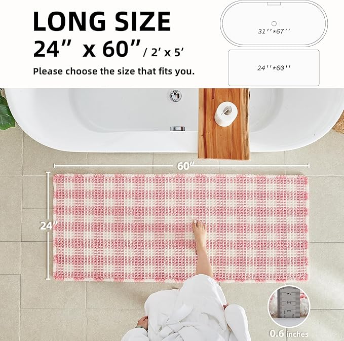 TYUU Waffle Runner Rug Bathroom, Long Boho Bathroom Rugs Non Slip Washable Absorbent Checkered Bathroom Mat Quick Dry Cute Bath Mat, 60"x24" Pink and White