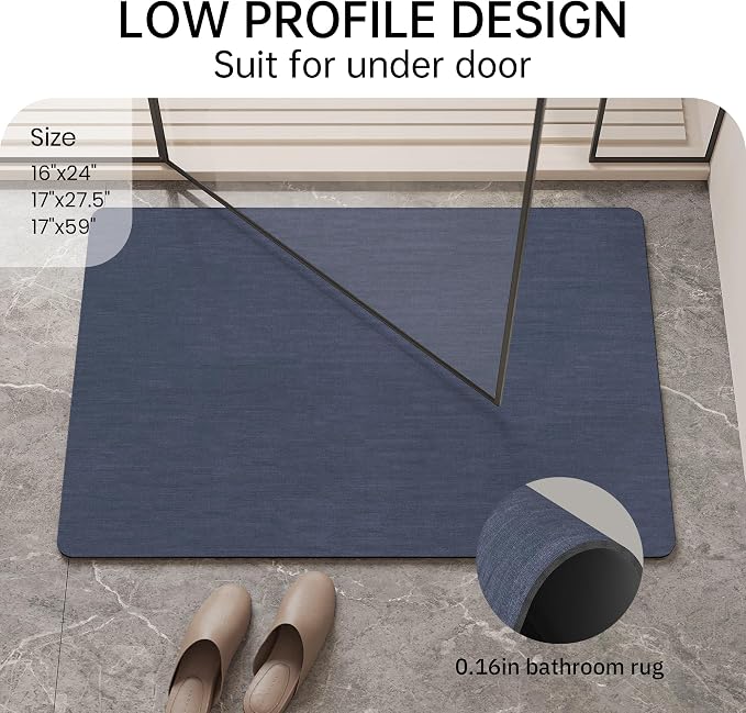Mecko Bath Mat Rug, Rubber Non-Slip Quick Dry Absorbent Thin Bathroom Rugs Fit Under Door Bathroom Floor Mats-Shower Rug for in Front of Bathtub, Sink, Shower Room(Navy Blue,24"x48")