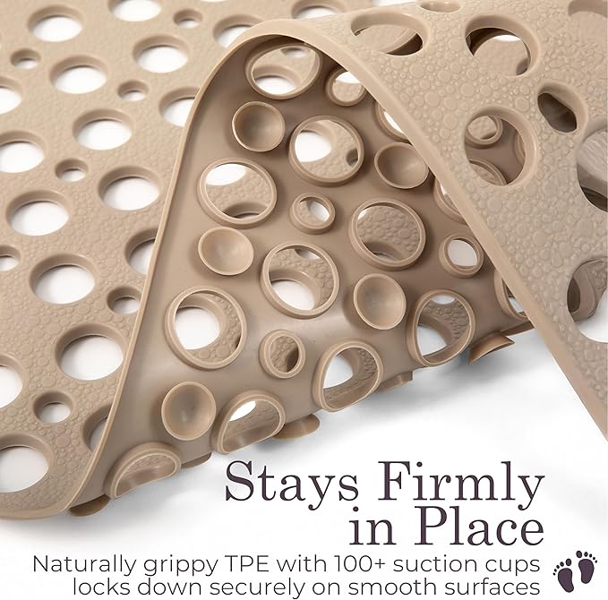 Beige Non Slip Shower Mat and Bathtub Mat TPE Strong Suction Cups Aesthetic Bath Mat for Inside Shower with Soft Texture, Quick-Dry Drain Holes, Spa-Inspired Design 30x17” (75x43 cm)