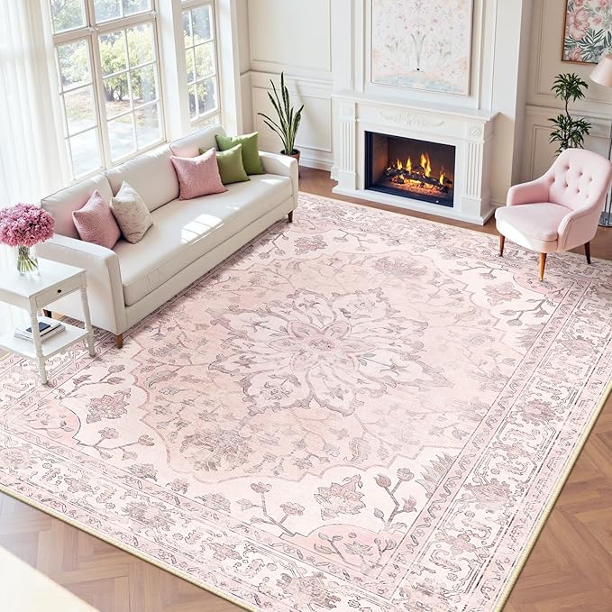 RELEANY Area Rugs Large 9'x12' Washable Non-Slip, Floral Vintage Distress Medallion Carpet for Living Room Bedroom Dining Room, Pink Greypink Cute