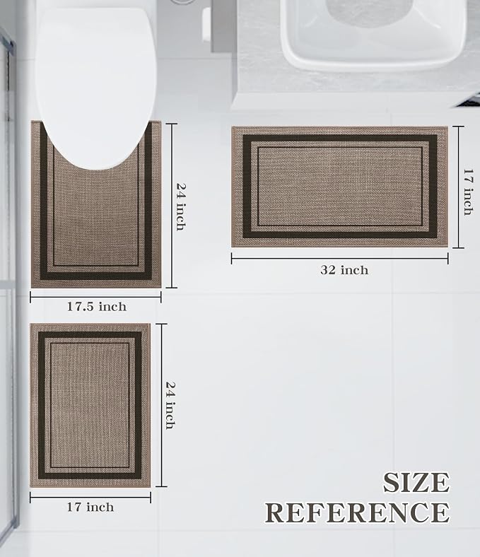 chakme Bathroom Rug Sets 3 Piece, Ultra Thin Bath Mat Absorbent, Non Slip, Machine Washable, Dark Beige, 17" x 24" / 17" x 30" / 17" x 59"
