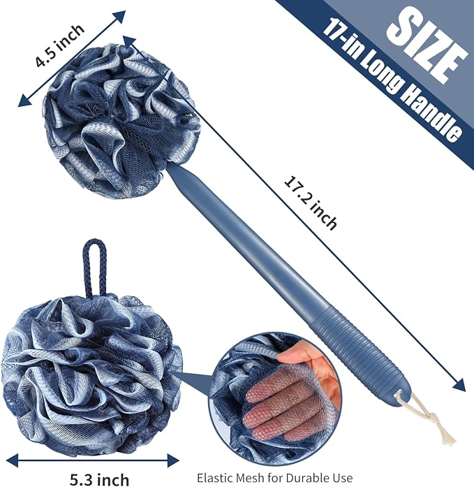VANZAVANZU Loofah Sponge Set Loofah Exfoliating Body Scrubber, Anti-Slip Plastic 17" Handle Loofah on a Stick with Fluffy Shower Sponge, PE Soft Mesh Shower Loofahs-Blue with White Edge