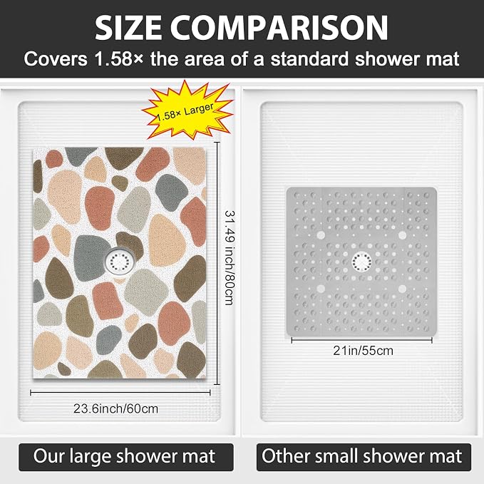Non Slip Shower Mat: 32x24 Inch Extra Large Shower Mats for Inside Shower with Drain Hole in Middle - Soft PVC Loofah Anti Slip Shower Floor Mat for Standing and Walk-in Shower, Quick Drying