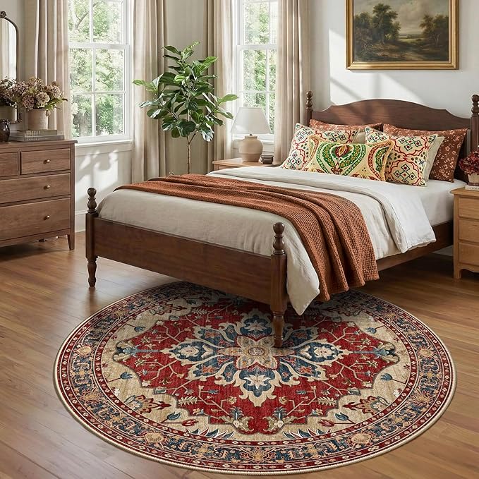 RELEANY Area Rugs Round 7ft Washable Non-Slip, Floral Vintage Distress Medallion Carpet for Living Room Bedroom Dining Room, Red Blue