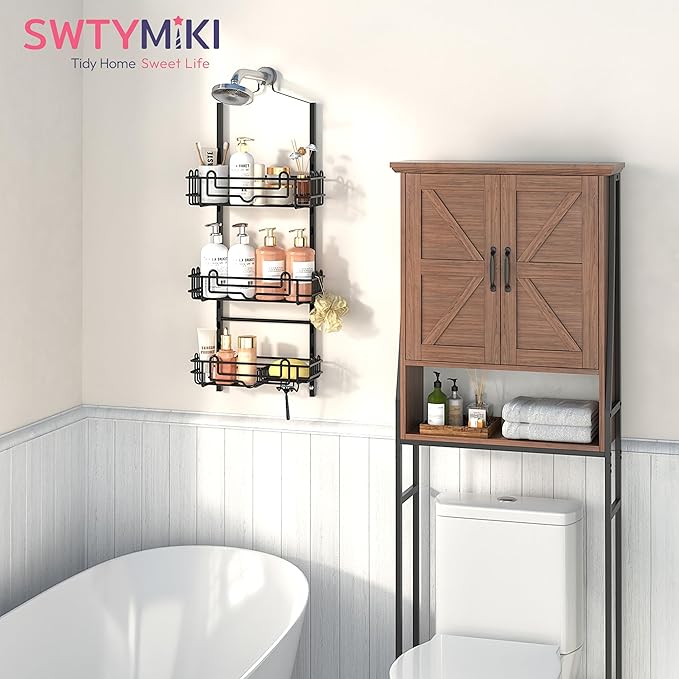 SWTYMIKI Shower Caddy Hanging Organizer - 3-Tier Rustproof Shower Organizer Over Showerhead with Adjustable Baskets, 24 Hooks, Soap & Razor Holder - No Drill Large Bathroom Storage Rack, Black