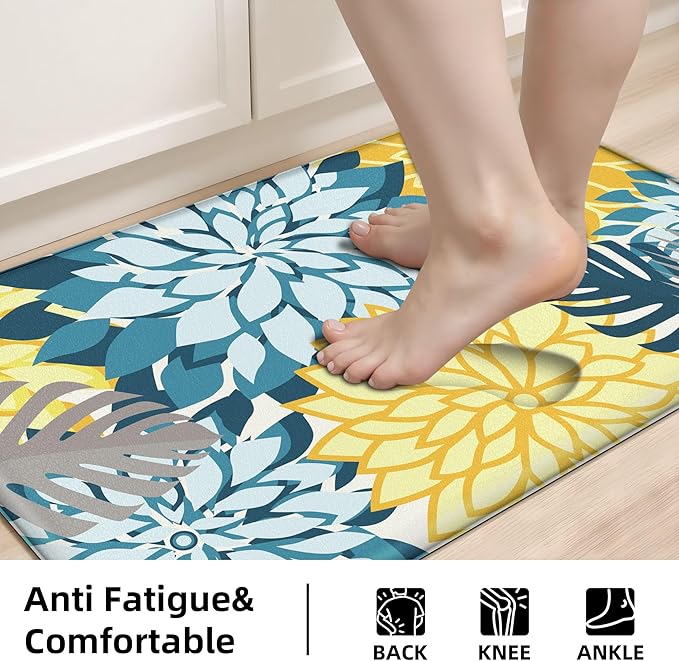Arenarug Kitchen Mats for Floor 2PCS Cushioned Anti Fatigue Kitchen Mats Waterproof Non Slip Kitchen Rug Set Foam Standing Mat for Sink, Laundry, Office, 17.3" x 28" + 17.3" x 59", Yellow Teal