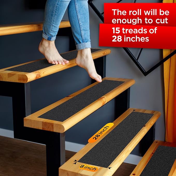 Grip Tape - Heavy Duty Anti Slip Tape for Stairs Outdoor/Indoor Waterproof 8Inch x 35Ft Safety Non Skid Roll for Stair Steps Ramp Traction Tread Staircases Grips Adhesive Non Slip Strips Walk Black