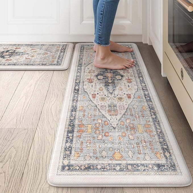 Collive Boho Kitchen Mats for Floor 2 PCS, Cushioned Anti Fatigue Kitchen Floor Mat Non-Skid Waterproof Sink Rug, Blue/Multi Comfort Standing Desk Mat for Office, Home, 17.3"x29"+17.3"x47"