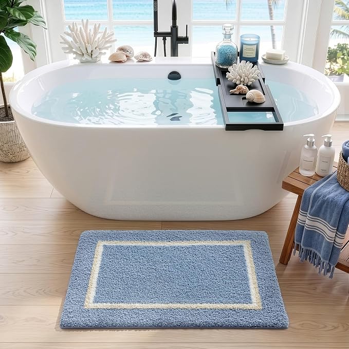 DEXI Bathroom Rugs 32x20, Absorbent Extra Soft Plush Microfiber Bath Mat for Bathroom, Non Slip Washable Bathmat Quick Dry for Shower Floor, Sink, Tub, Laundry Room, Light Blue
