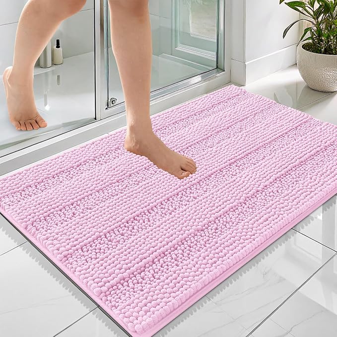 OLANLY Thick Bathroom Rugs 36x24, Extra Soft Absorbent Chenille Striped Bath Rugs, Rubber Backing, Machine Wash Dry, Bath Mats for Bathroom Floor, Tub and Shower, Home Decor Accessories, Pink
