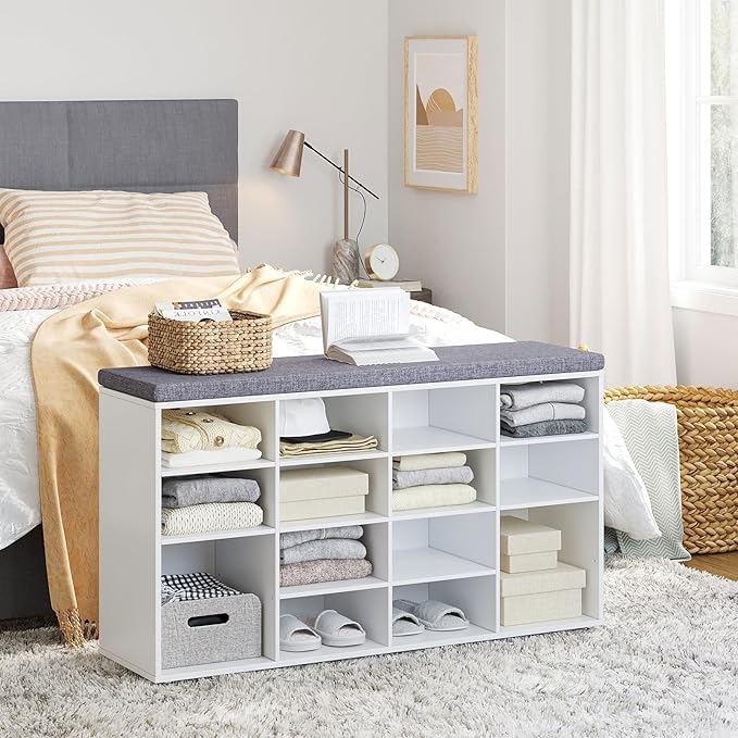 DINZI LVJ Shoe Storage Bench with Cushion, 14-Cubby Shoe Rack, Adjustable Shelves, Multifunctional Shoe Organizer Bench for Entryway, Mudroom, Hallway, Living Room, Bedroom and Garage, White