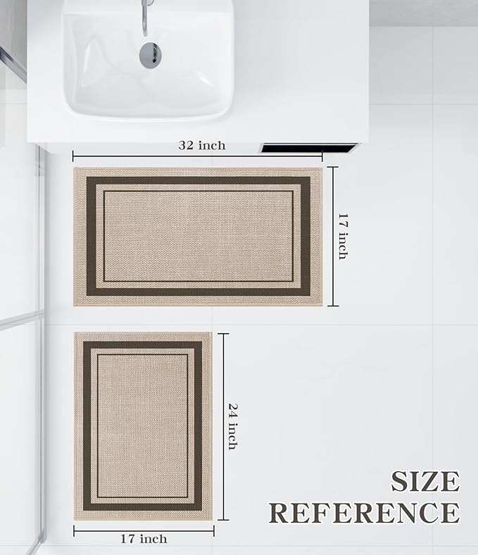 chakme 2 Piece Bathroom Rug Set, Ultra Thin Bath Mat, Absorbent, Non Slip, Machine Washable, Light Beige, 17"x24"+17"x32"