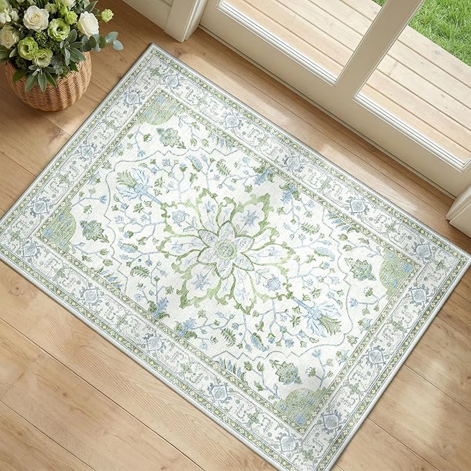 RELEANY Area Rugs Small 2'x3' Washable Non-Slip, Floral Vintage Distress Medallion Carpet for Kitchen Entryway Bathroom, Green White Blue