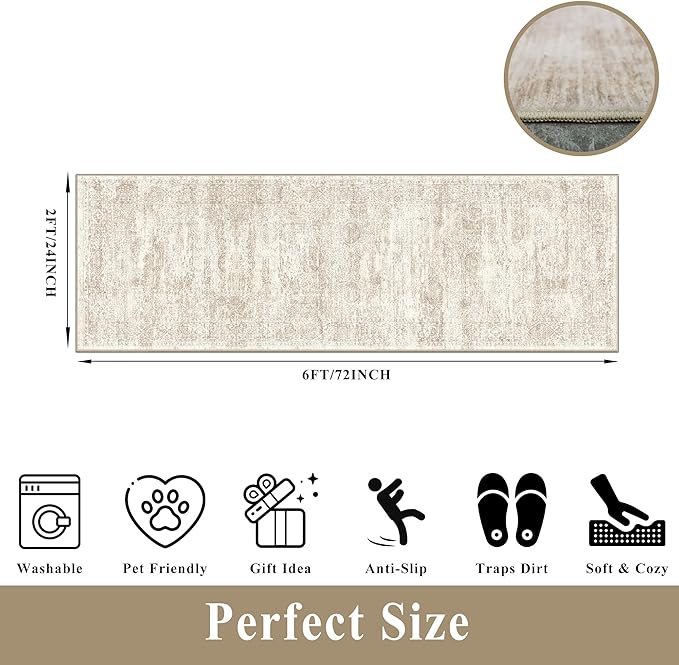 2x6 Runner Rug Hallway Washable, Non Slip with Rubber Backing Carpet for Kitchen Bathroom Neutral Moroccan Vintage Oriental Distressed Area Rugs for Bedroom Laundry Room Entry Entryway, Cream/Beige