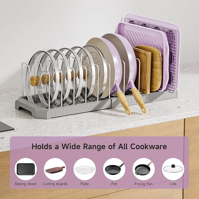MUDEELA Pot Lid Organizer Rack for Cabinet, Expandable Pots and Pans Organizer under Cabinet with 12 Adjustable Dividers, Pan Organizers Holder inside Cabinet for Cutting Boards, Baking Sheets, Grey