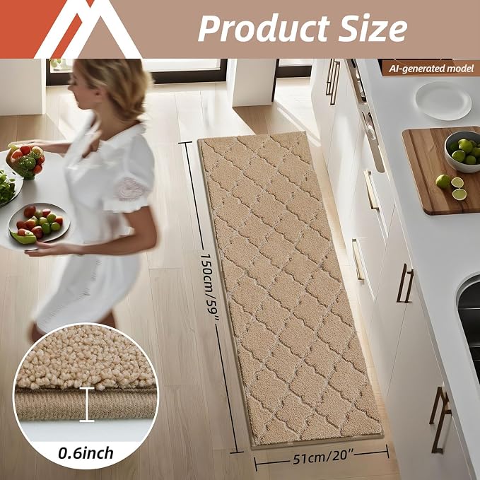 COSY HOMEER Soft Floor Mats for in Front of Sink Super Absorbent Kitchen Rugs 20"x59" Non-Skid Standing Mat Washable,Polyester,Beige