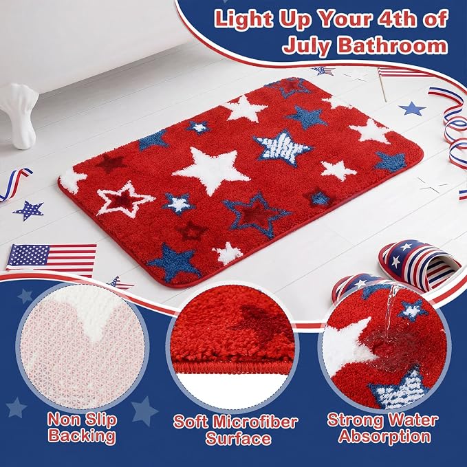 Capoda 1 Pcs Patriotic Bathroom Rug 20 x 30 Inch 4th of July Star Bath Mat Non-Slip Soft Microfiber 4th of July Shower Rug for Independence Day Home Kitchen Bathroom Entrance Decor(Star, Red Blue)