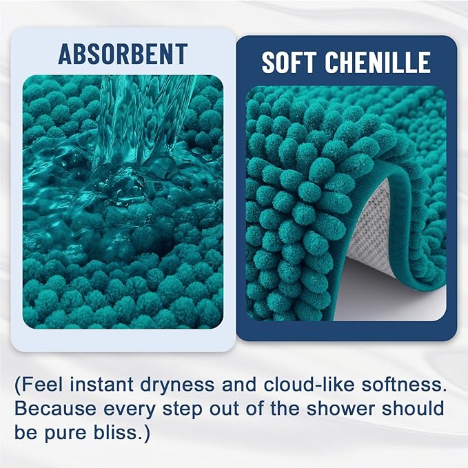 Grandaily Chenille Striped Bathroom Rugs 44x24, Extra Thick and Soft Absorbent Bath Mats, Rubber Backing, Plush Shaggy Shower Carpet, Machine Wash Dry, Bath Rug for Bathroom, Deep Lake