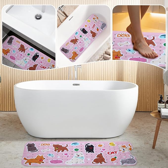 Baby Bath Mat for Tub Non Slip Kids Bathtub Mat Extra Long 40X16 Inch Toddler Bath Tub Shower Mat Anti Slip with Suction Cups & Drain Holes, Machine Washable (Cat Dog)