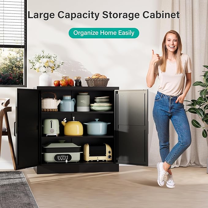 Metal Storage Cabinet with Doors & Adjustable Shelves, 36" Tall Farmhouse Pantry Cabinet, Small Sideboard for Kitchen, Dining, Living & Laundry Room, Black