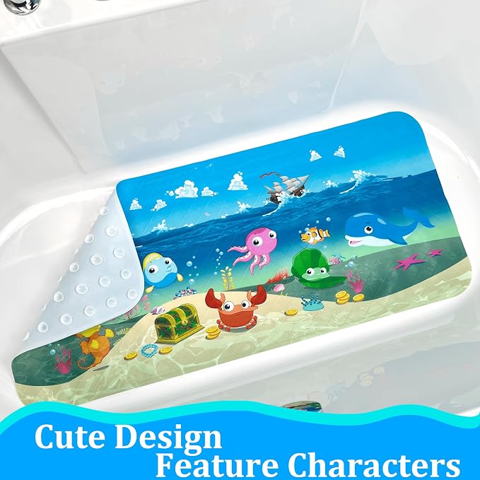 BEEHOMEE Bath Mats for Tub Kids,Baby Toddler - Large Cartoon Non-Slip Bathroom Bathtub Anti-Slip Shower Mats for Floor 35x15,Machine Washable XL Size Bathroom Mats (Ship)