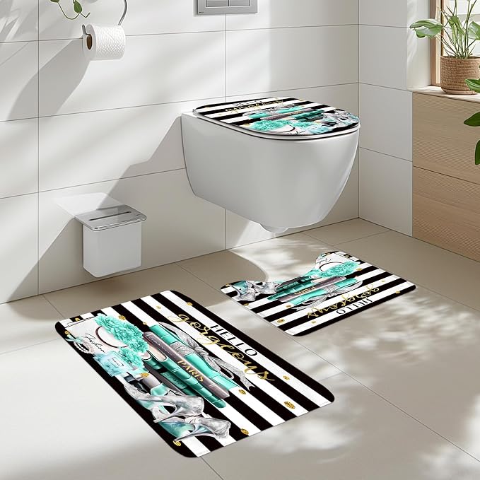 4Pcs Black and Teal Shower Curtain Set,Modern High Heels Striped Magazine Book Bathroom Curtain with Rug, Toilet Lid Cover, Bath Mat,Floral Flower Perfume Shower Curtain with 12 Hooks