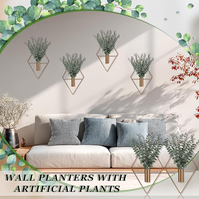 Jexine 8 Pcs Hanging Planters with Artificial Eucalyptus Metal Hanging Vase Indoor Plants Holder Modern Geometric Boho Bathroom Wall Decor for Living Room Home Office (Eucalyptus,Bronze)