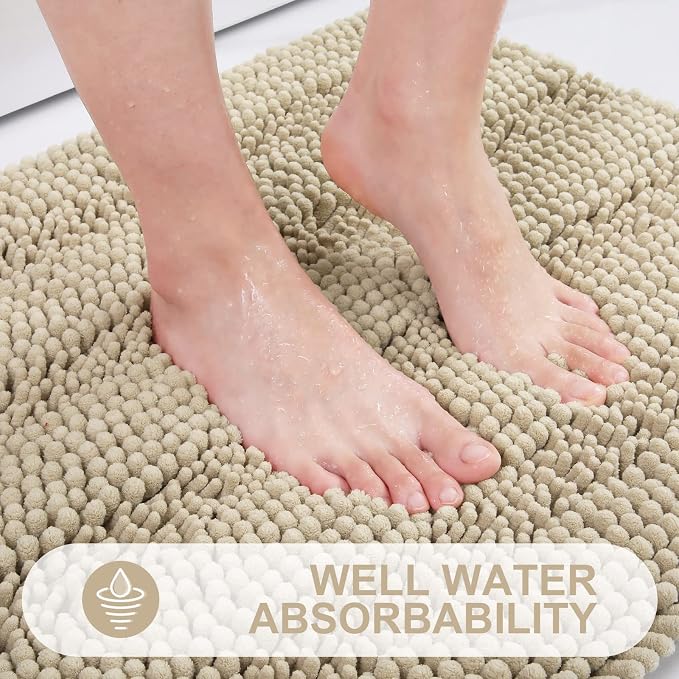 Grandaily Chenille Striped Bathroom Rugs 70x24, Extra Thick and Absorbent Bath Mats, Non-Slip Soft Plush Shaggy Shower Carpet, Machine Wash Dry, Bath Rug for Bathroom, Beige