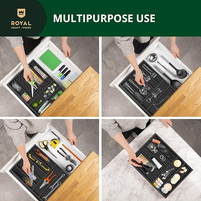 Luxury Bamboo Kitchen Drawer Organizer - Silverware Organizer - Utensil Holder and Cutlery Tray with Grooved Drawer Dividers for Flatware and Kitchen Utensils (7 Slot, Black)