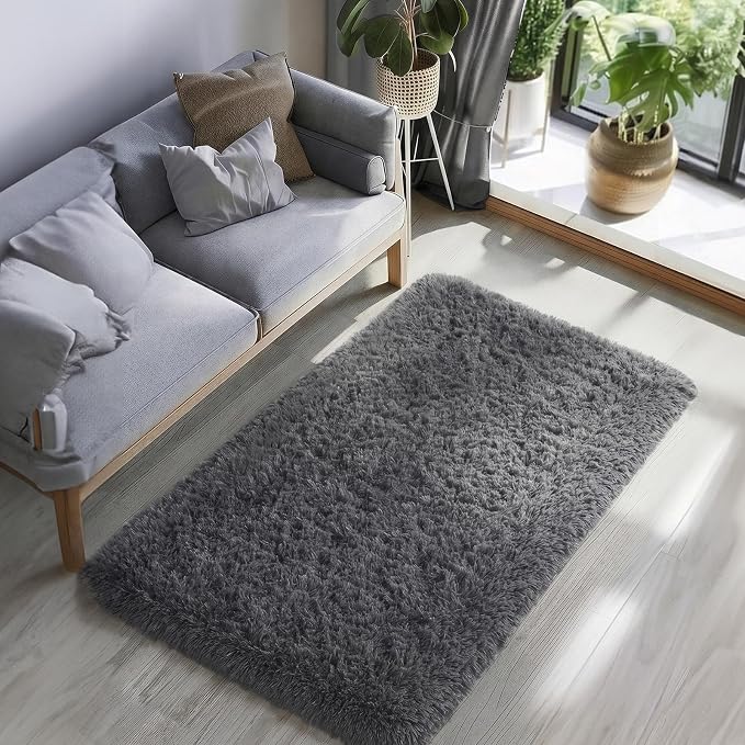 Ophanie Runner Rug for Hallway, 3x6 Washable Non-Slip Fluffy Soft Bedside Rugs, Bedroom Living Room Shaggy Carpet for Kids Girls Boys Dorm Nursery Home Decor Aesthetic, Grey