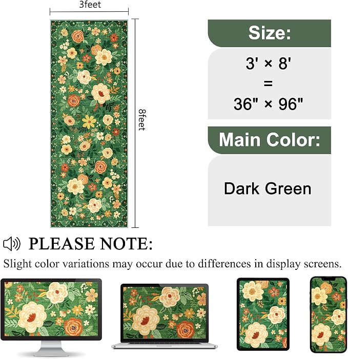 DUKINO 3x8 Runner Rug, Washable Rug for Kitchen with Non Slip Backing, Soft Non Shedding & Low Pile Design Long Floor Carpet Runner for Hallway, Bathroom, Entryway, Laundry, Dark Green