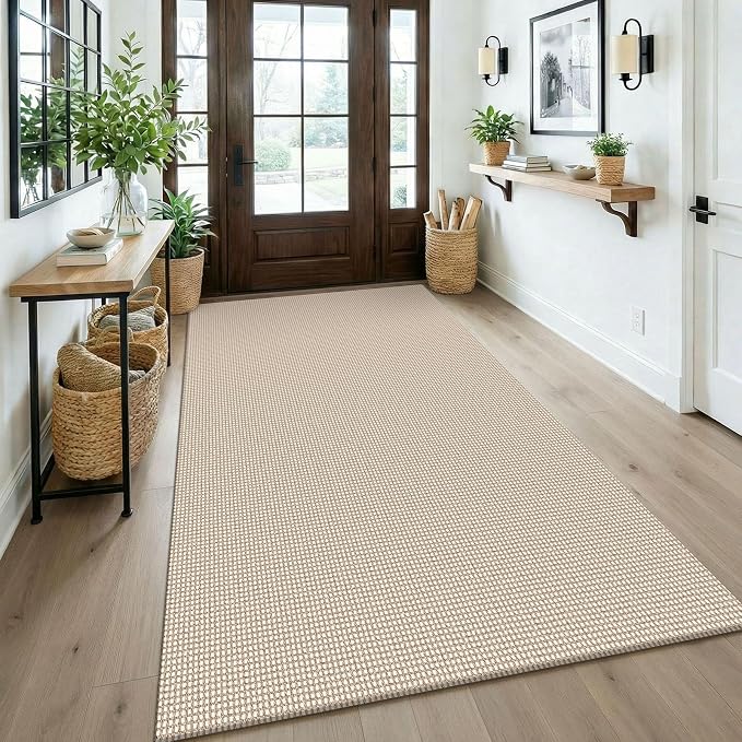 KOZYFLY Washable Area Rug 4x6 ft Non Slip Rubber Backed Living Room Rugs Braided Woven Cotton Kitchen Rugs Indoor Outdoor Entryway Rug for Dining Living Room Bedroom, Ivory/Camel/Brown