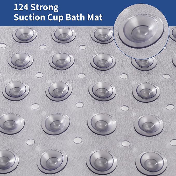 Non Slip Bath Mat, Quick-Dry Bathtub Mat with Strong Suction Cups & Drain Holes, Soft PVC Bathroom Mat for Smooth Surfaces, Machine Washable, 27.5x15 Inches, Grey