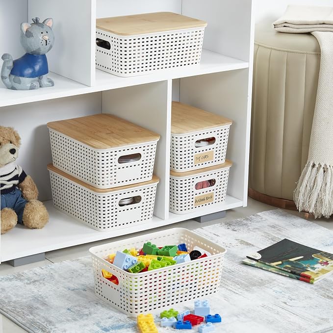 Bagnizer Small Plastic Storage Bins with Bamboo Lids 5.2qt Stackable Box Basket Pantry Decorative Containers Cute with Labels for Organizing Desktop Closet Office Cream White of 6 packs 10*7.2*4.1"