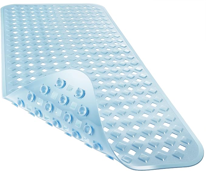 Yimobra Bathtub Mat Non Slip, Super Strong Suction Cups, 28"X16" Long Shower Mat with Drain Holes, Machine Washable Fast Draining Bath Mats, Bathroom Essentials, Light Blue