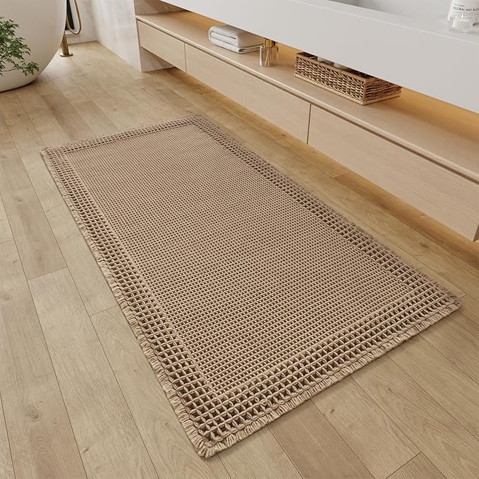 RESARE Waffle Bathroom Runner Rugs, Super Absorbent Bath Mat Non Slip Washable Quick Dry, Upgraded Ultra Soft Boho Bath Rugs with Tassels, Farmhouse Home Decor Accessories, 2'x4'(24"x48") Brown