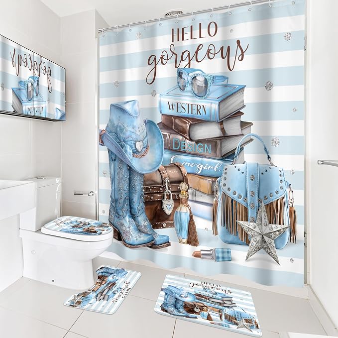 4Pcs White Blue Brown Shower Curtain Set, Western Cowgirl Fashion Diamond Boots Striped Hats Bathroom Curtain with Rug, Toilet Lid Cover, Bath Mat, Women Girls Shower Curtain with 12 Hooks