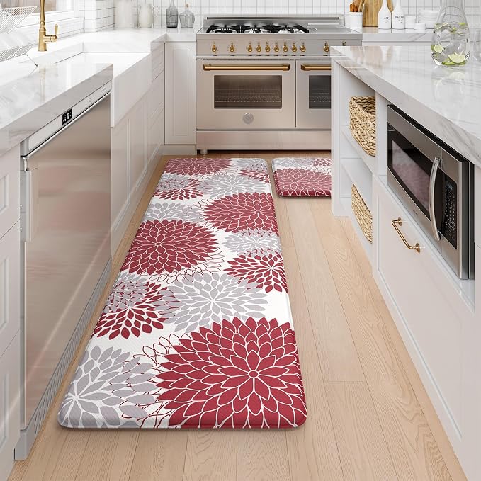 Anti Fatigue Kitchen Mats,17"x59"+17"x29" Non Slip Boho Dahlia Kitchen Rugs Sets of 2,Farmhouse Waterproof Kitchen Mat for Floor,Cushioned Standing Mat for Office,Laundry,Sink,Desk,Red