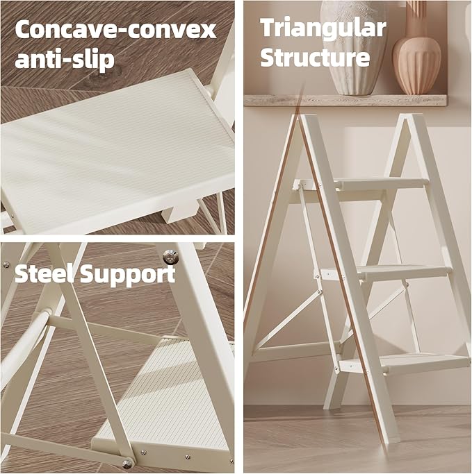 HillhutApex 3 Step Ladder, Lightweight Portable 3 Step Stool with Anti-Slip Wide Pedal, 330lbs Capacity Aluminum Ladder for Household,Office,Kitchen(White)