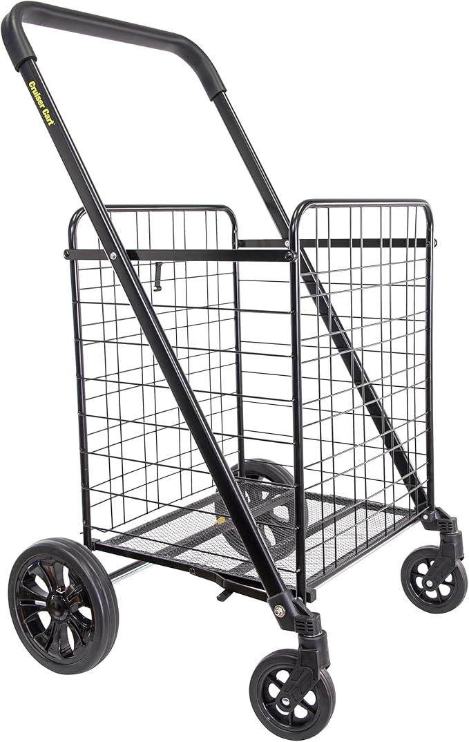 dbest Products Cruiser Cart Deluxe 2 Shopping Grocery Rolling Folding Laundry Basket on Wheels Foldable Utility Trolley Compact Lightweight Collapsible, Black