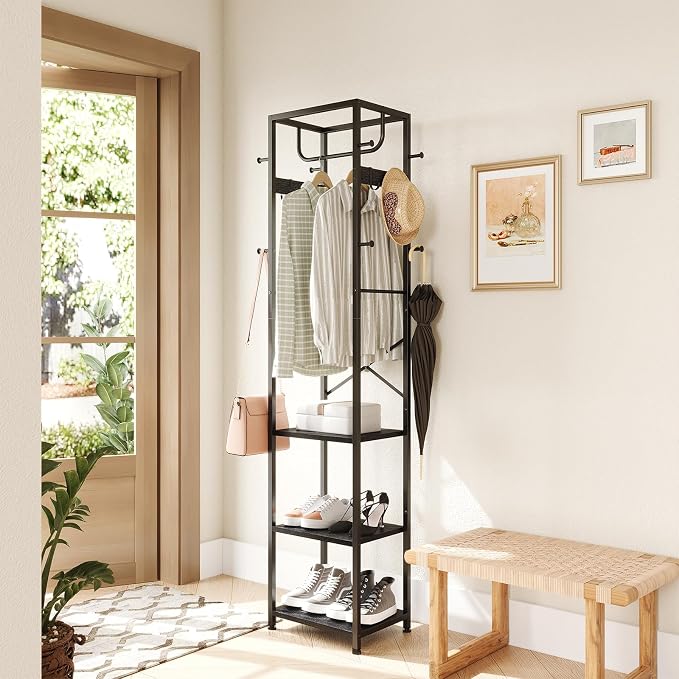 ELYKEN Coat Rack Freestanding, Hall Tree with 3 Storage Shelves and 12 Hooks, Metal Clothes Rack Stand Organizer for Bedroom, Hallway, Entryway, Office, Living Room, Black