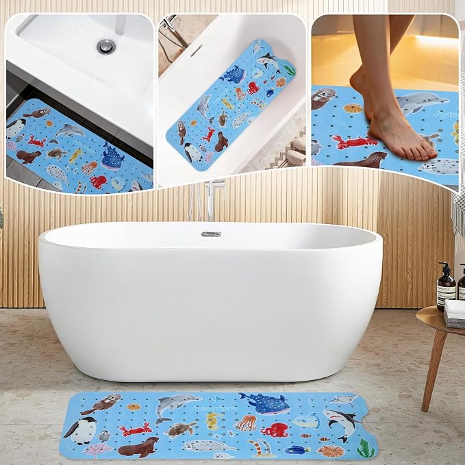 Bath Tub Shower Mat Non Slip Kids Bathtub Mat Anti Slip Baby Bath Mat for Tub 40 x 16 Inch Extra Long Toddler Bath Mat with Suction Cups and Drain Holes for Bathroom Floor,Penguin Seal