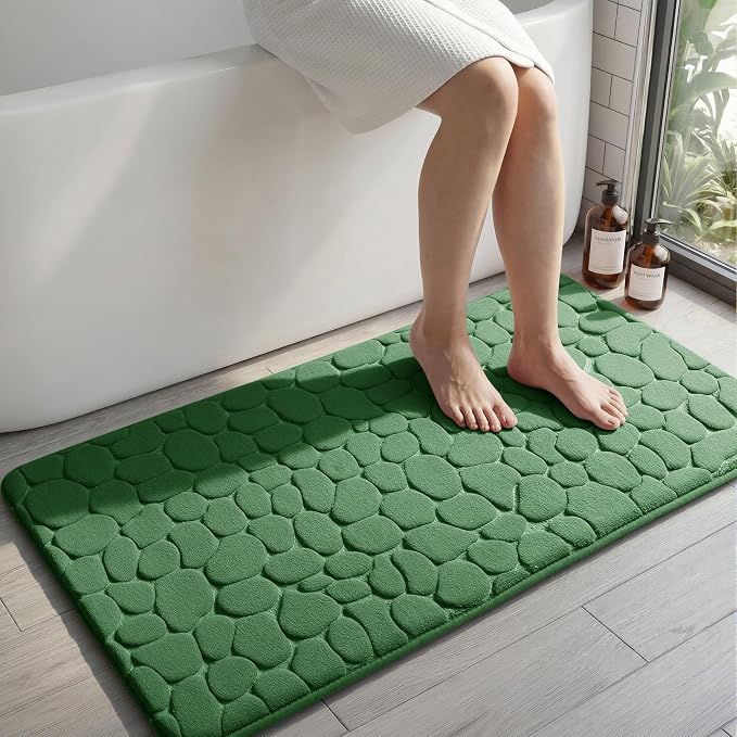 YIHOUSE Memory Foam Bath Mat Cobblestone Bathroom Rugs Super Water Absorbent Bath Mats for Bathroom Machine Washable Bath Rugs(26 x 50,Green)